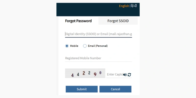SSO ID Password Reset Screen using Registered Mobile Number and One-Time Password OTP Verification